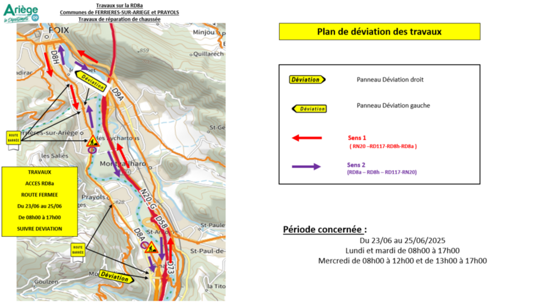 [ERRATUM ANNULE ET REMPLACE] ROUTES DEPARTEMENTALES | RD8a : fermeture de la route entre Ferrières et Ginabat
