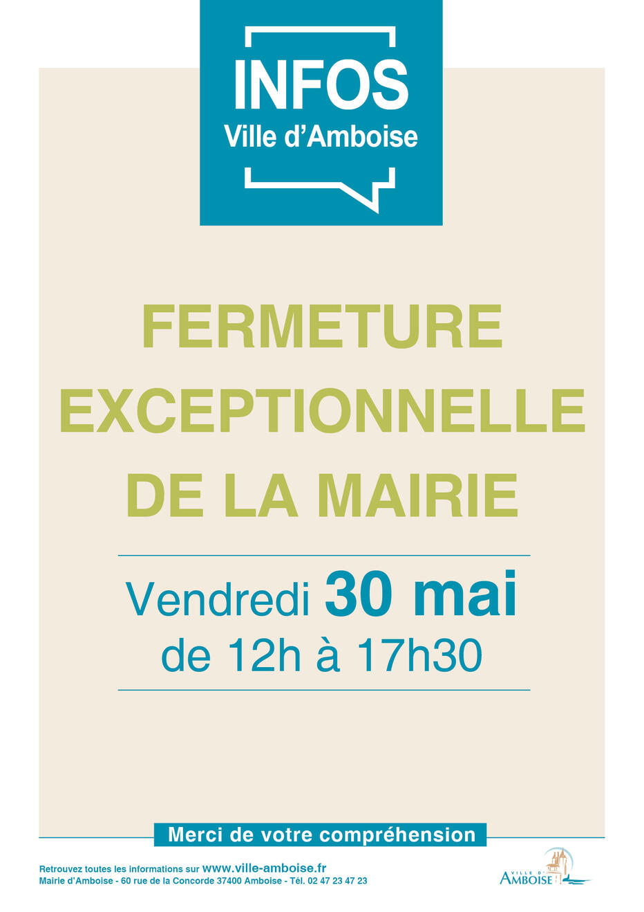 Fermeture exceptionnelle de la Mairie d'Amboise : vendredi 30 mai après-midi Fermeture exceptionnelle de la Mairie d'Amboise : vendredi 30 mai après-midi