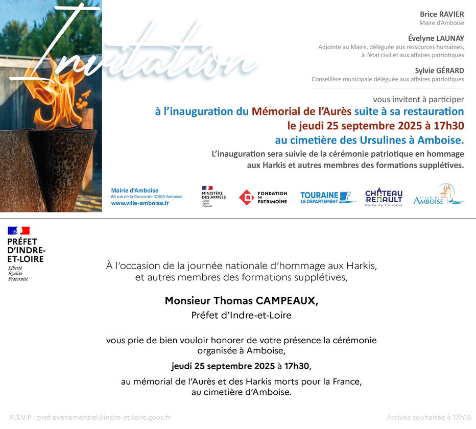 Inauguration du mémorial de l'Aurès et cérémonie patriotique : jeudi 25 septembre - Amboise Inauguration du mémorial de l'Aurès et cérémonie patriotique : jeudi 25 septembre - Amboise