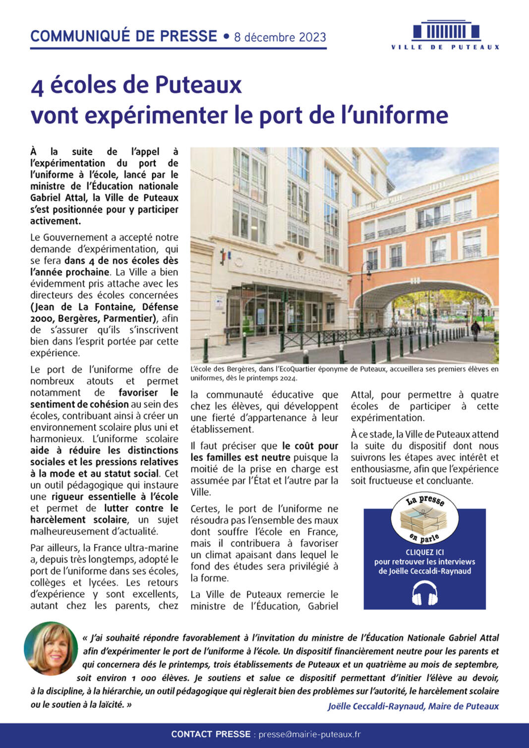4 écoles de Puteaux vont expérimenter le port de l’uniforme